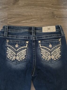 Miss Me Dark Blue Bootcut Jeans with Cream Embroidered Wing Pockets